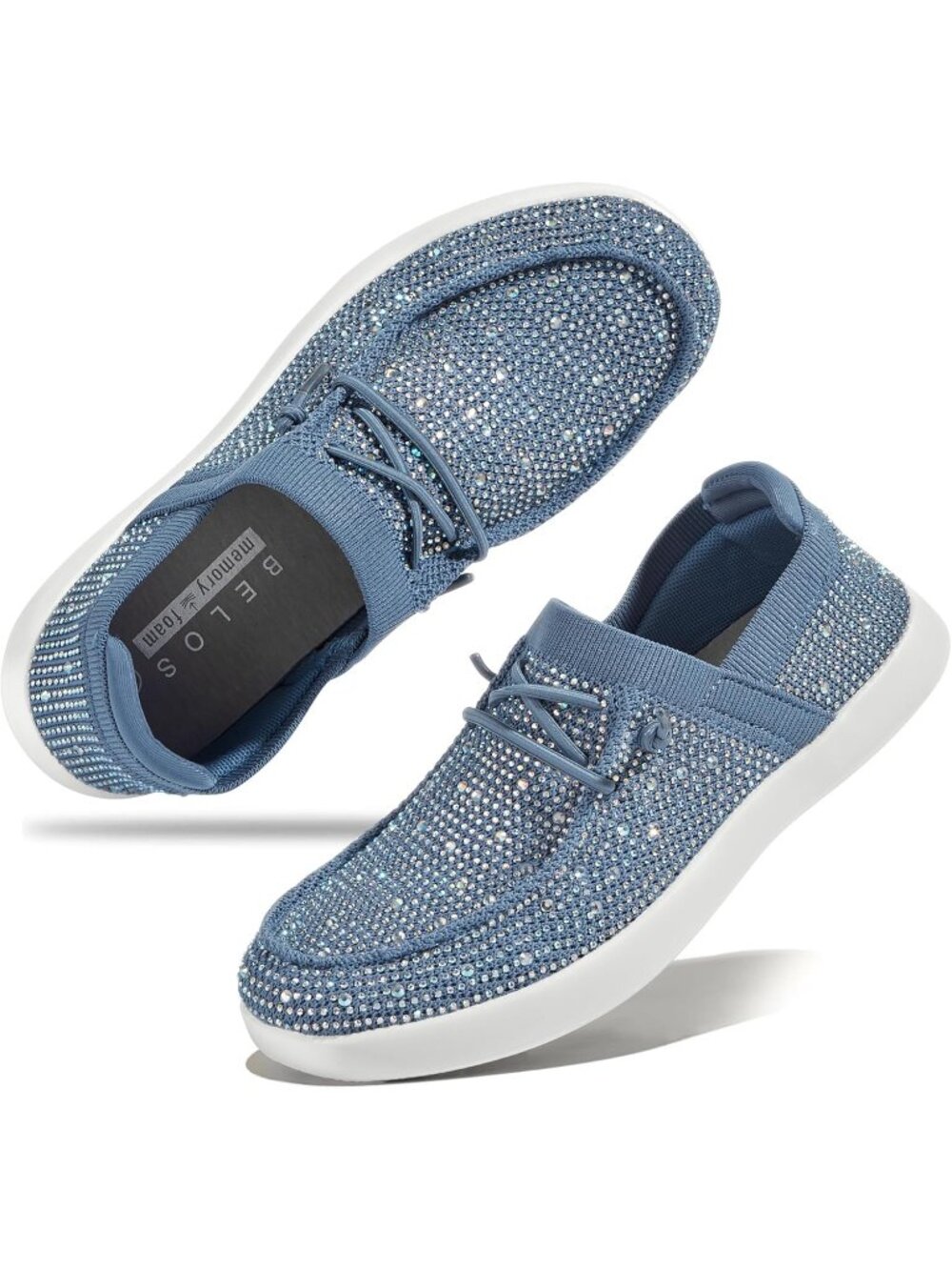 Women's Blue Comfortable Sparkly Rhinestone Lace Up Glitter Walking Sneaker